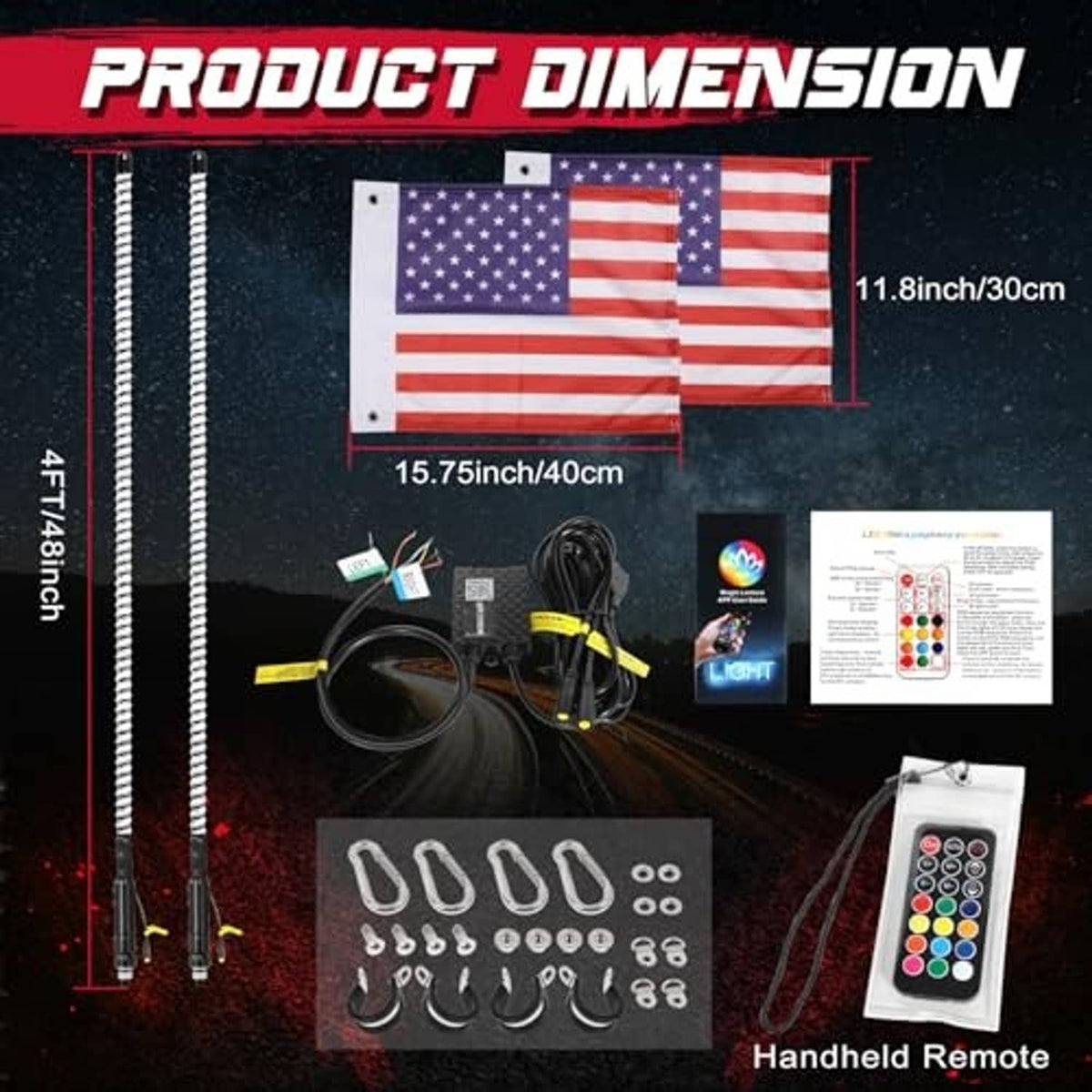 Two 4 ft LED whip lights kit with handheld remote and mounting parts