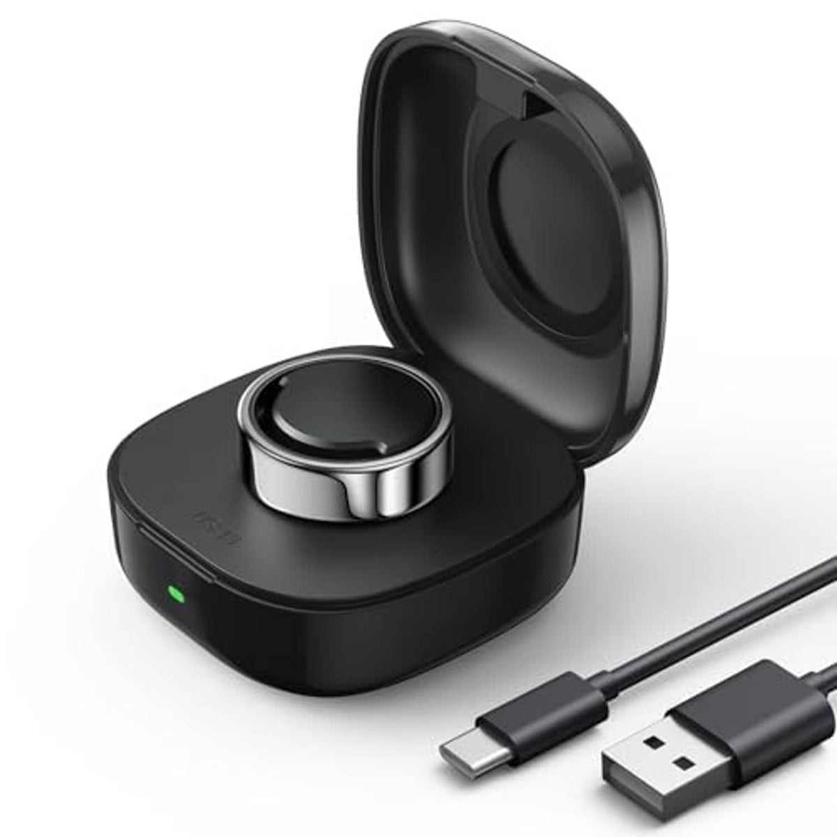 Black wireless charging case with circular charging base and open hinged lid