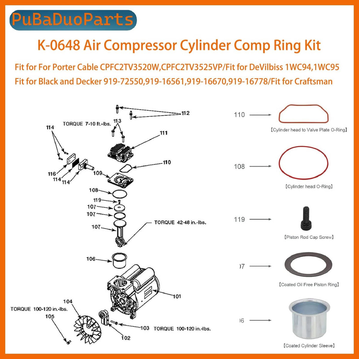 Air compressor cylinder ring kit exploded parts: sleeve, O-ring, seal rings, small pin