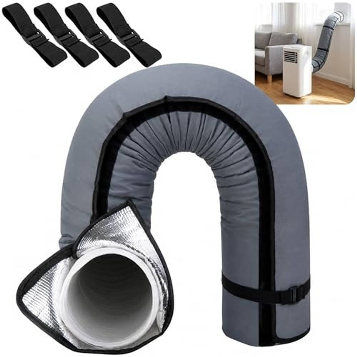 Dark grey air conditioner hose cover with reflective lining and adjustable black strap