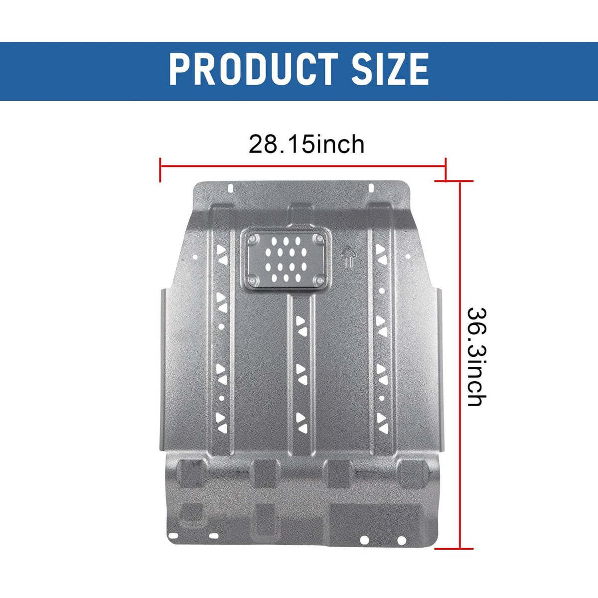 Dark gray transmission skid plate size: 28.15 in wide x 36.13 in long