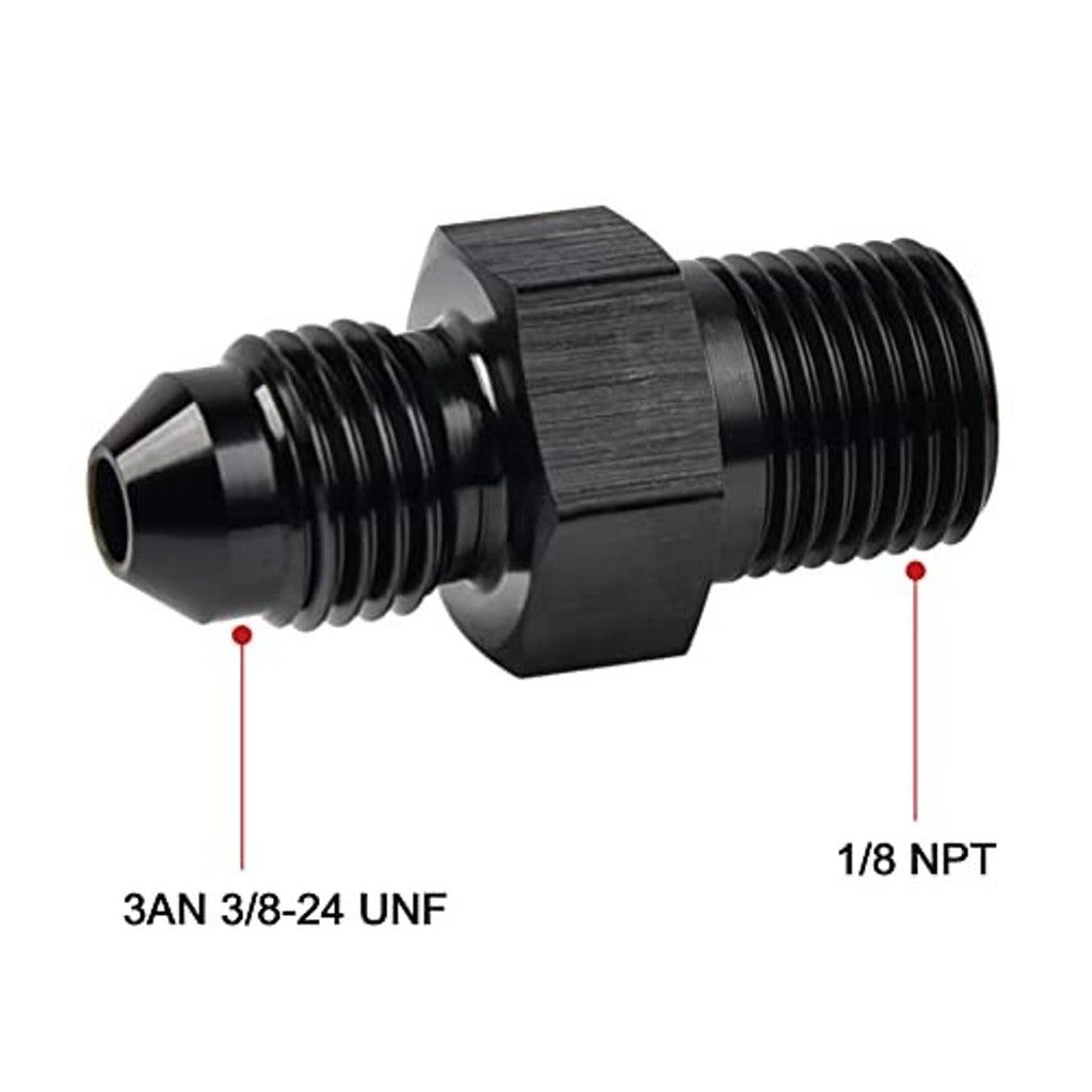 Black flare-to-NPT straight adapter fitting with flared inlet and 1/8 NPT outlet