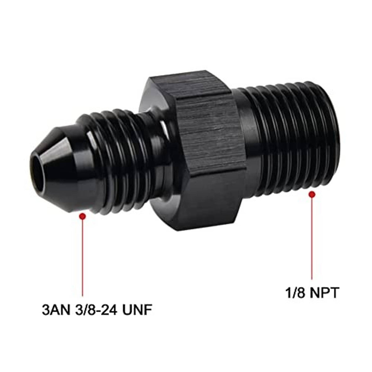 Black flare-to-NPT straight adapter fitting with flared inlet and 1/8 NPT outlet