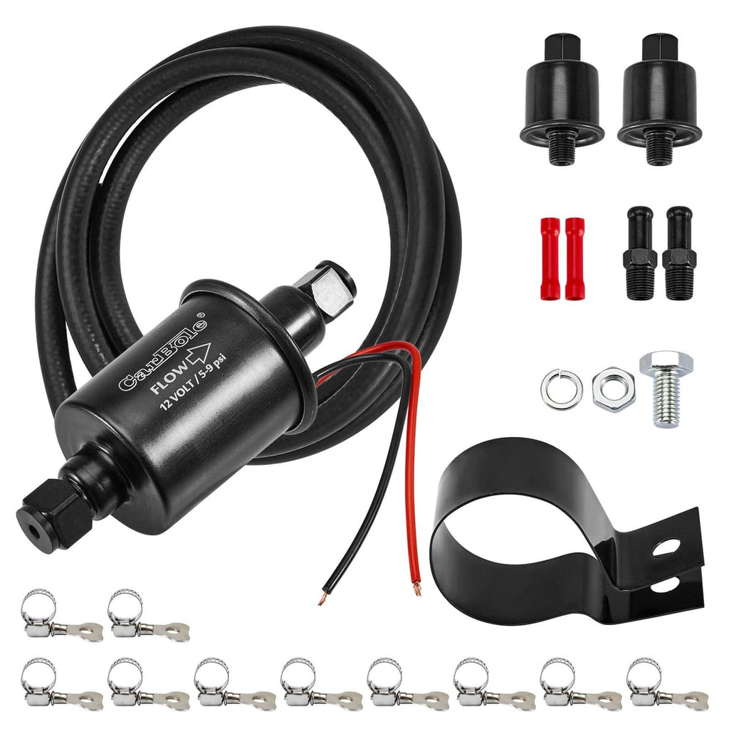 12V inline electric fuel pump kit with black hose and mounting clamp accessories