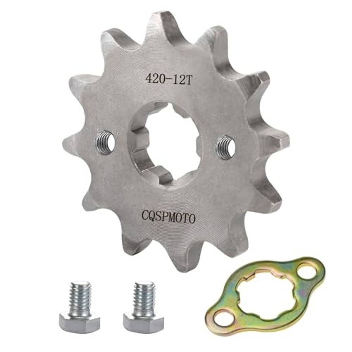 Front engine sprocket with central hub and threaded mounting holes, plus two bolts and retainer plate
