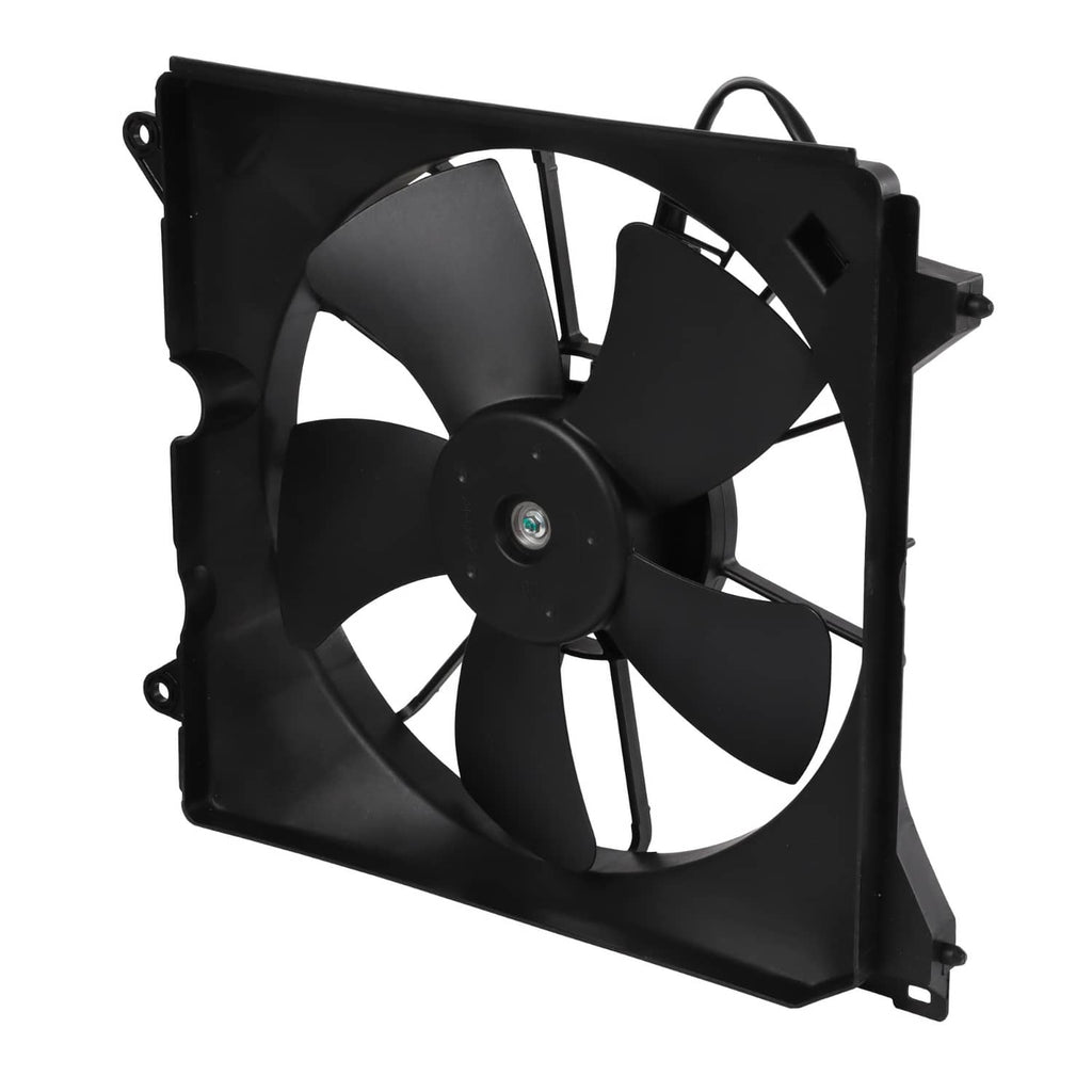 Radiator cooling fan assembly, driver-side view, black fan blades and square shroud