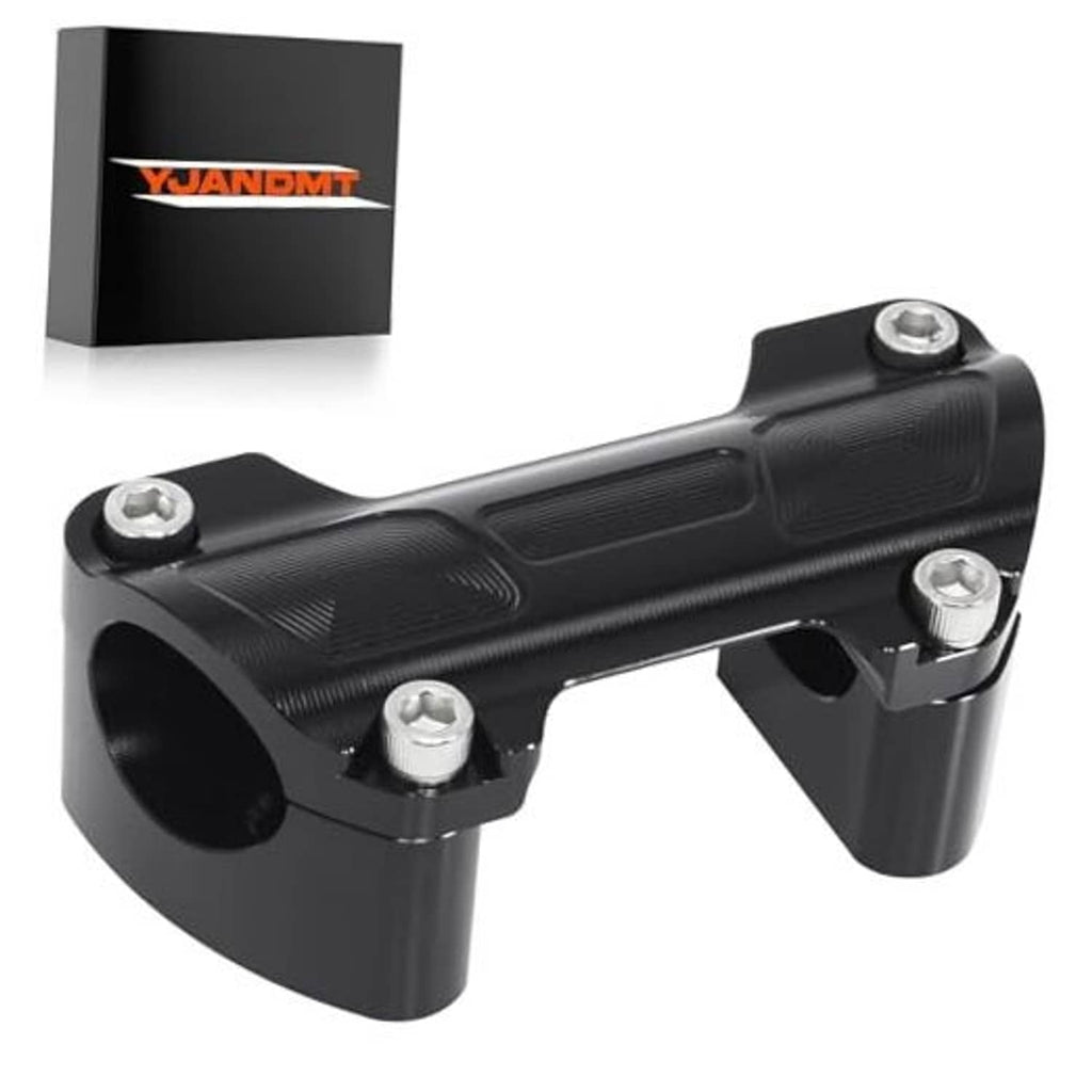 Black handlebar riser top clamp kit with textured grips and mounting bolts