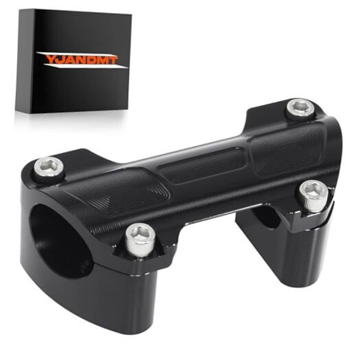 Black handlebar riser top clamp kit with textured grips and mounting bolts