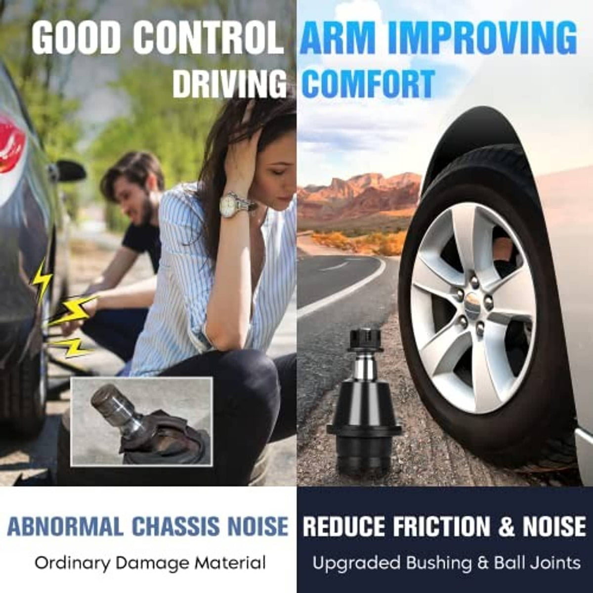 Black control arm ball joint and bushing assembly shown near a vehicle wheel