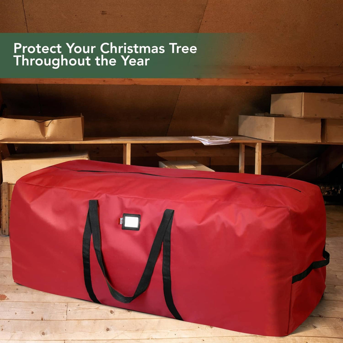 Red waterproof Christmas tree storage bag with black handles