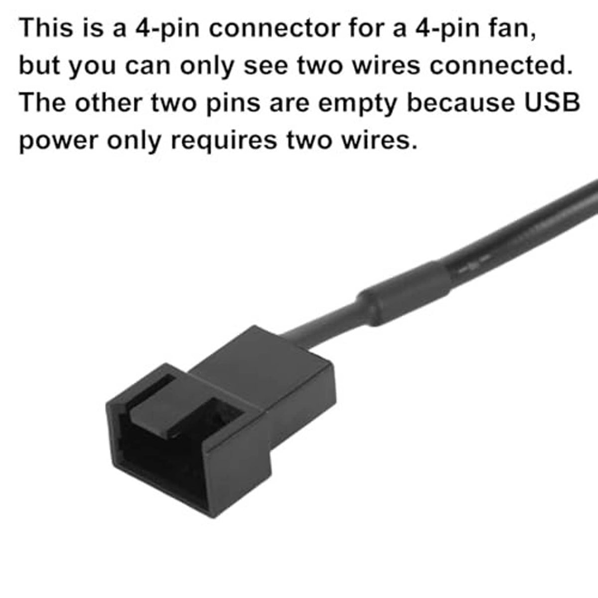 Black 4-pin fan connector adapter with two-wire USB power cable