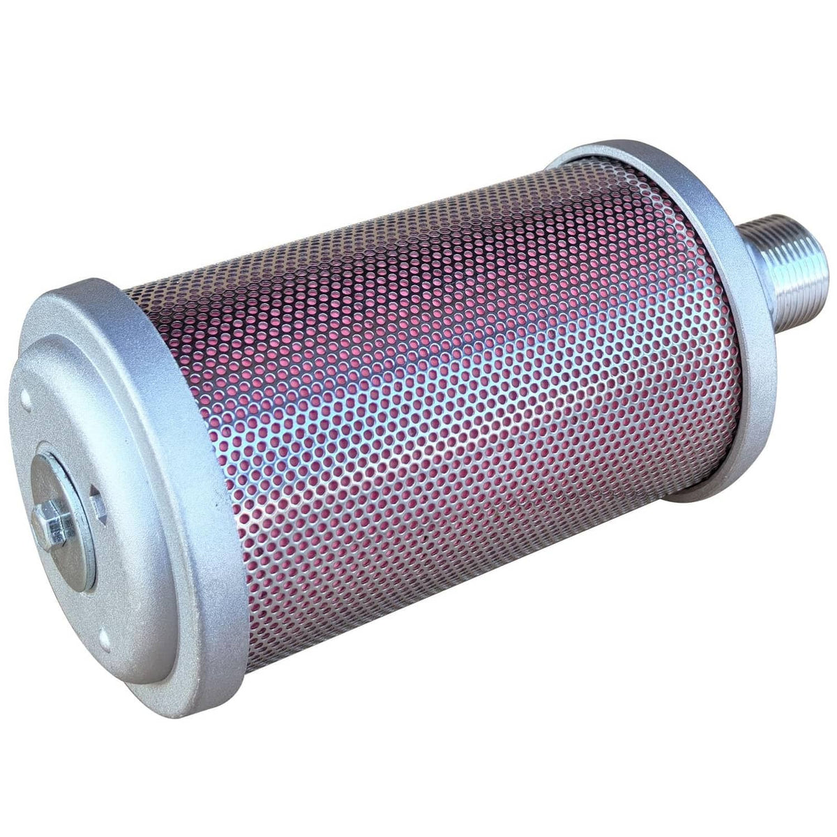 Air muffler with red perforated mesh body, silver end flanges, and side NPT thread