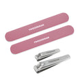 Tweezerman nail kit with two rose-pink nail files and silver nail clippers.