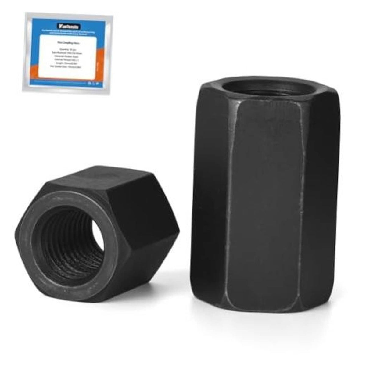 Black hex coupling nuts with internal threads, set of 2