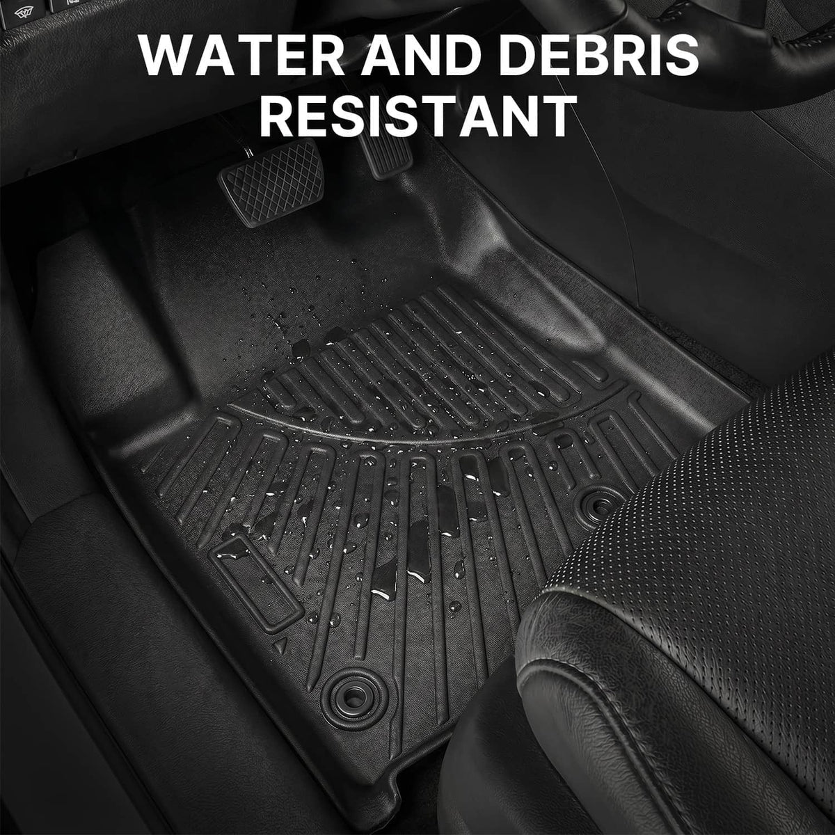 Black rubber floor liner mat with raised channels and textured surface for debris