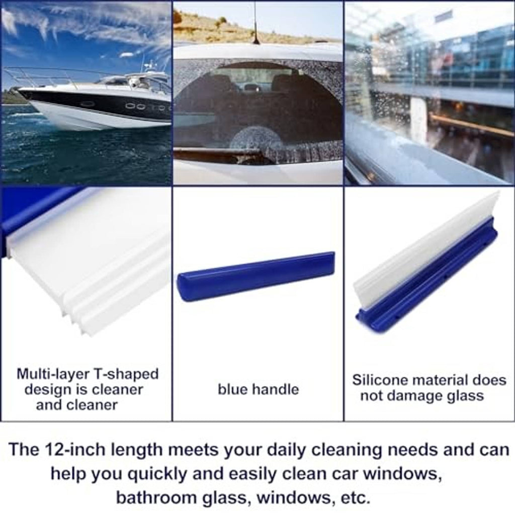 Blue-and-white squeegee water blades on display, showing ribbed edge detail