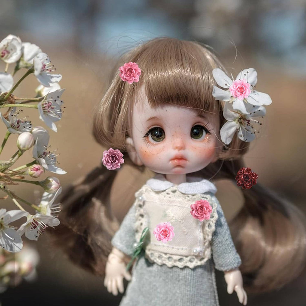 Doll accessory with mini peony resin flowers in pink and dark maroon on hair clips