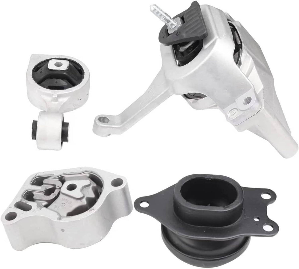 Engine and transmission mount brackets with black rubber bushings, silver metal