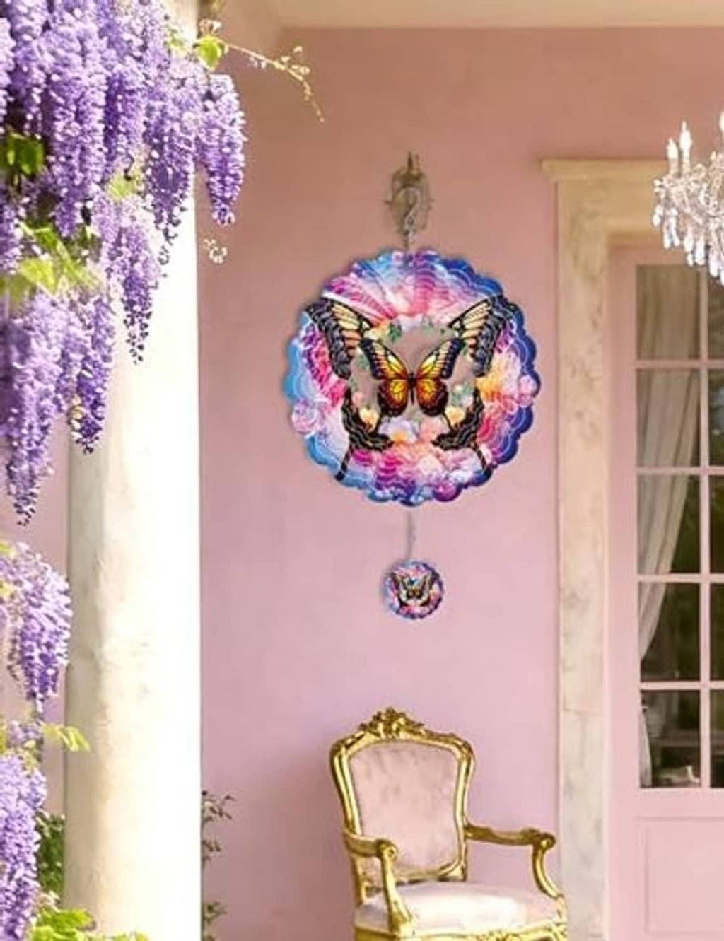 Purple butterfly wind spinner with hanging round pendant, multi-layer metal blades