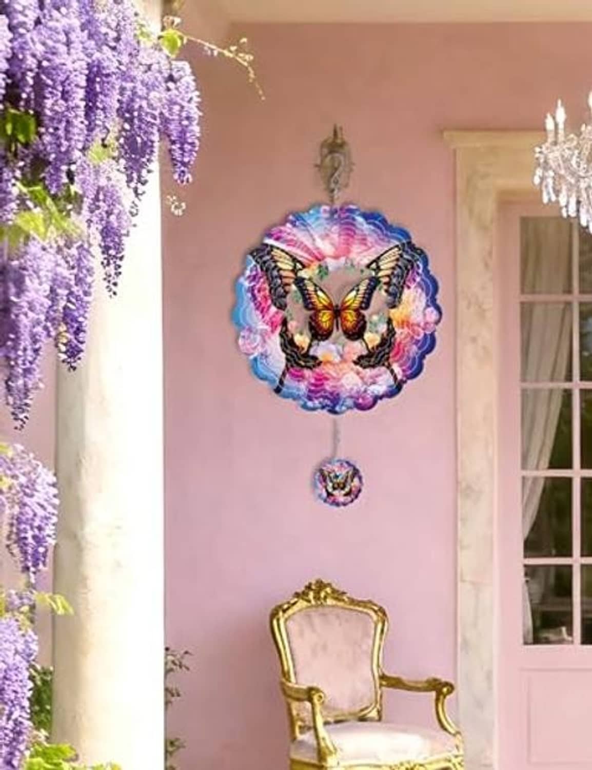 Purple butterfly wind spinner with hanging round pendant, multi-layer metal blades