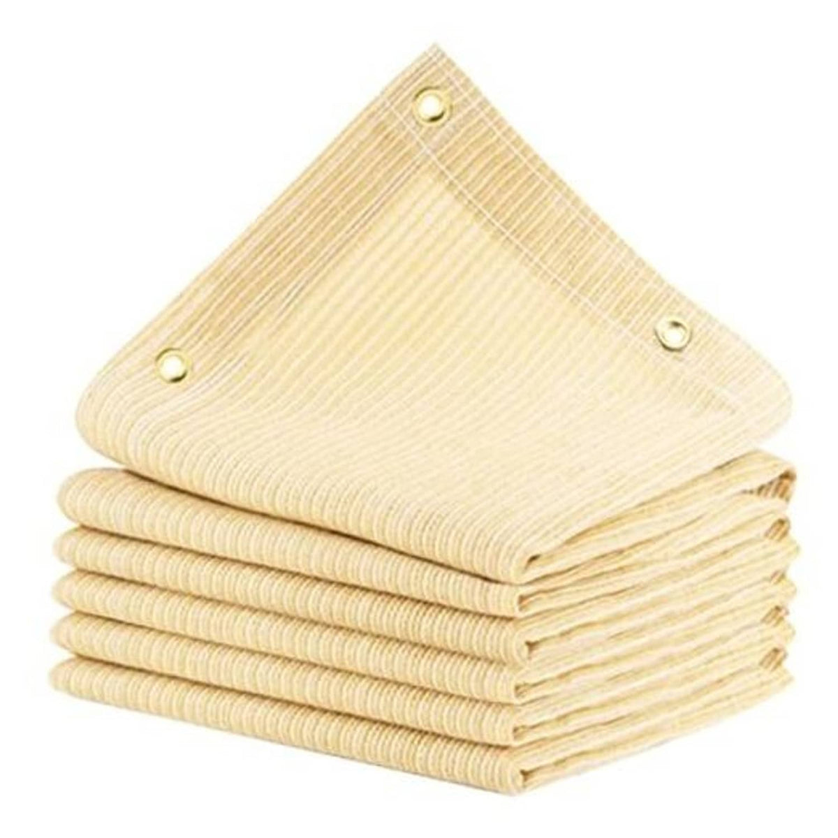Beige sun shade cloth rolls with metal grommets, folded for pergola coverage