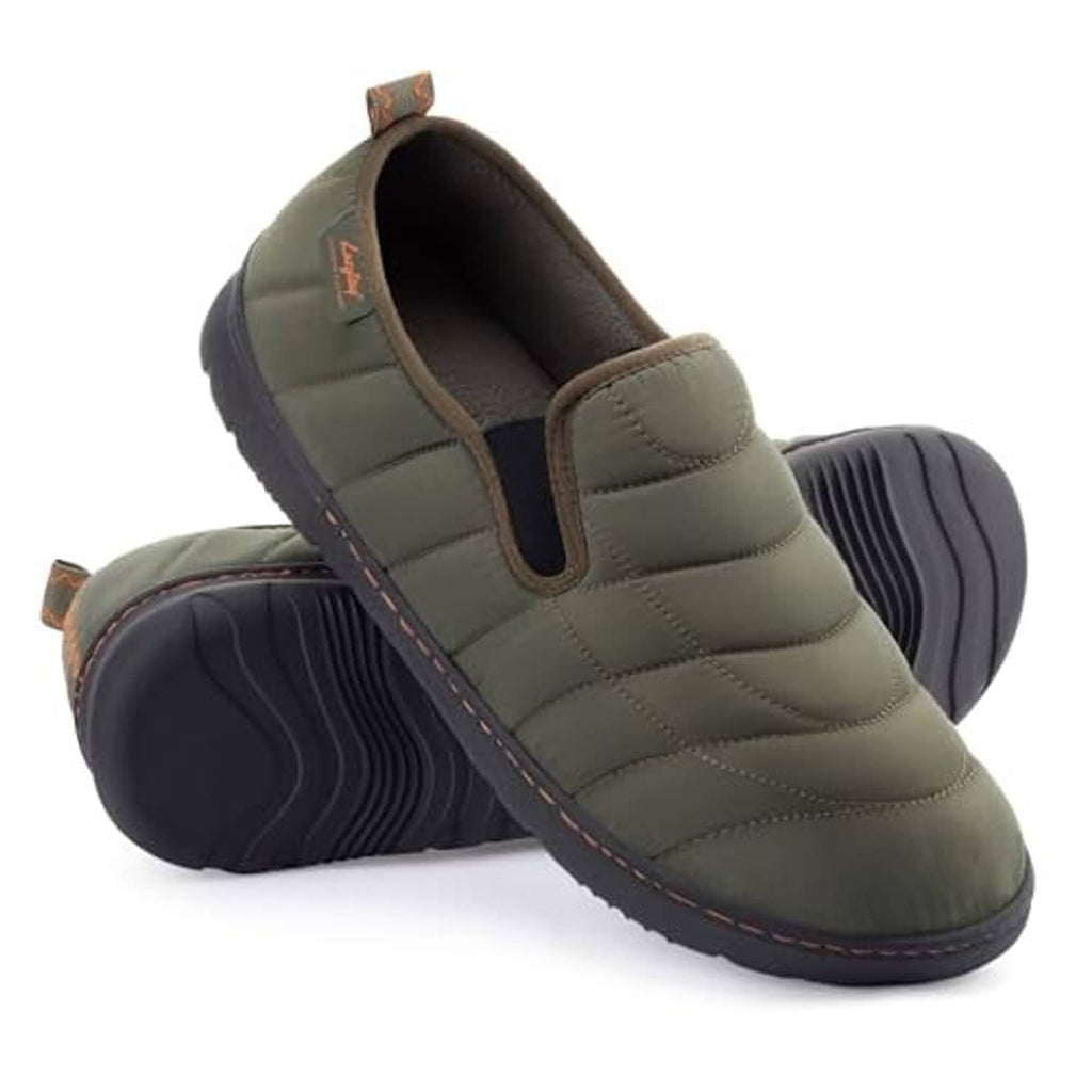 Men's army green slip-on loafer slippers, quilted padded upper, grippy tread sole
