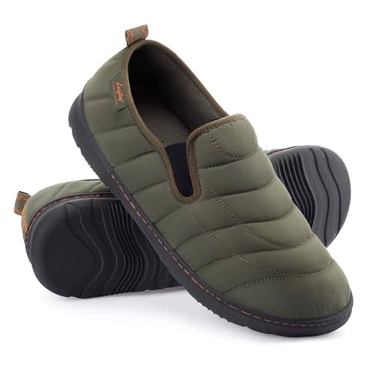 Men's army green slip-on loafer slippers, quilted padded upper, grippy tread sole