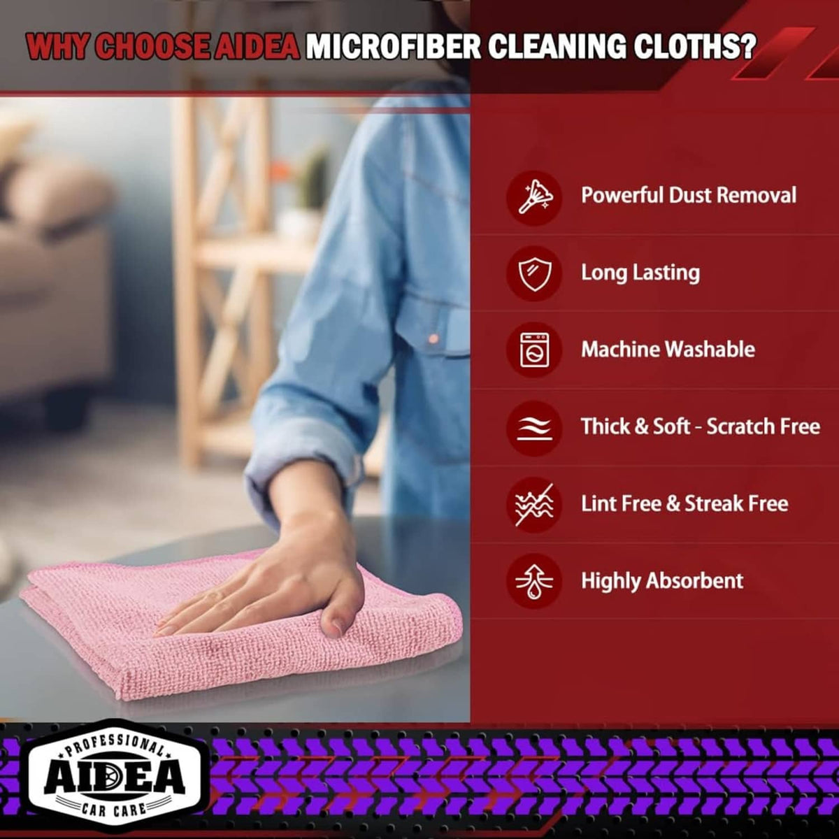 Pink microfiber cleaning cloth in hand, wiping a surface; thick soft lint-free fabric