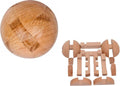 Wooden puzzle sphere ball with interlocking block pieces laid out beside it