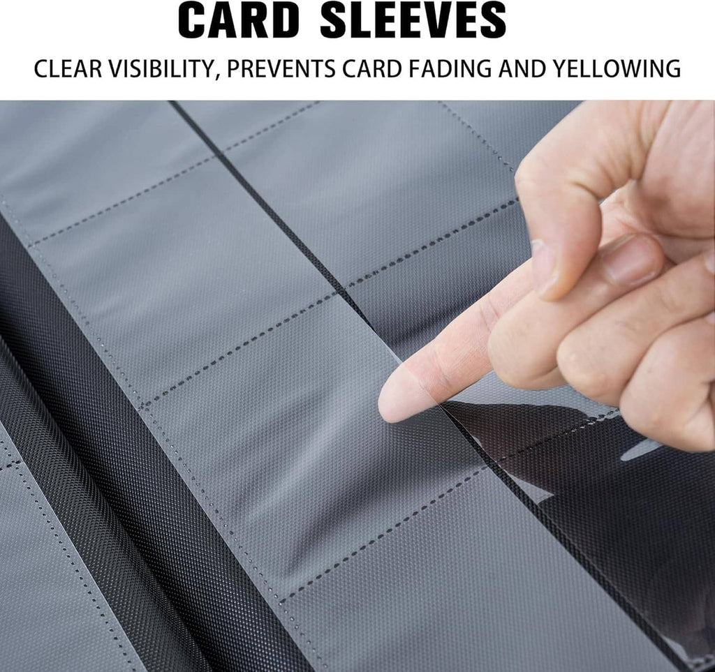 Purple trading card binder pocket sleeves with clear window; hand adjusting a card