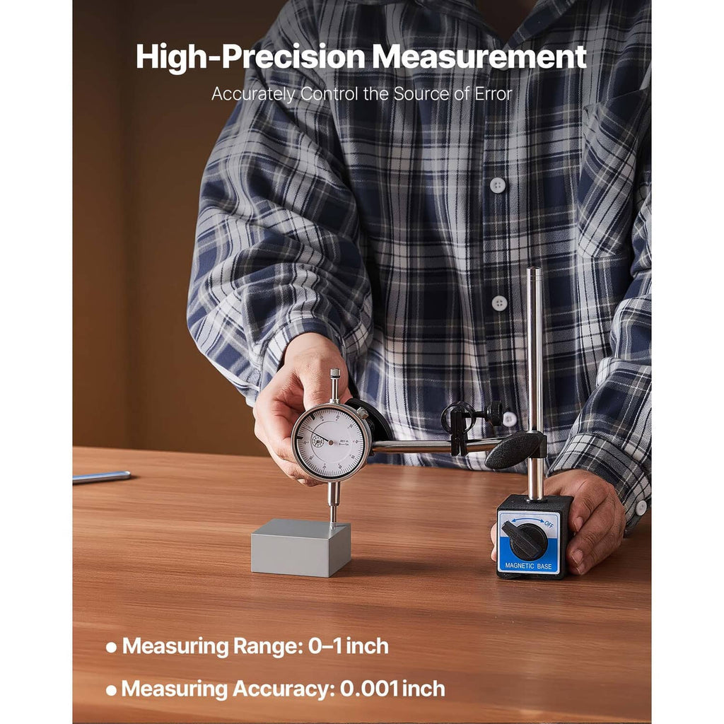 Dial test indicator gauge on dual-rod stand with magnetic base on workbench