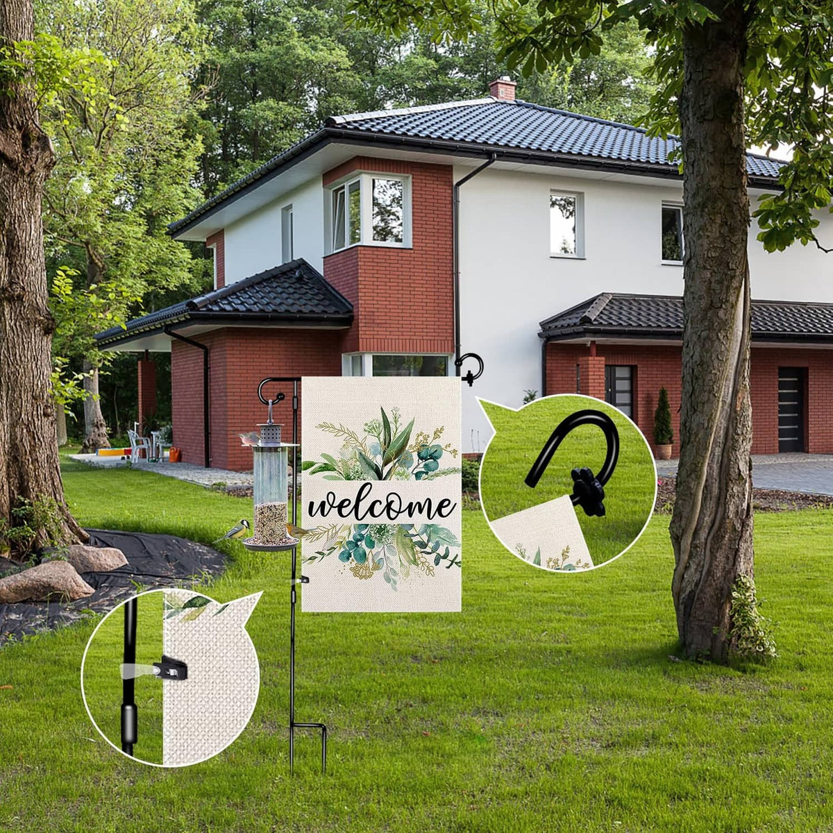 Garden flag holder stake with black stopper clip and hanging banner