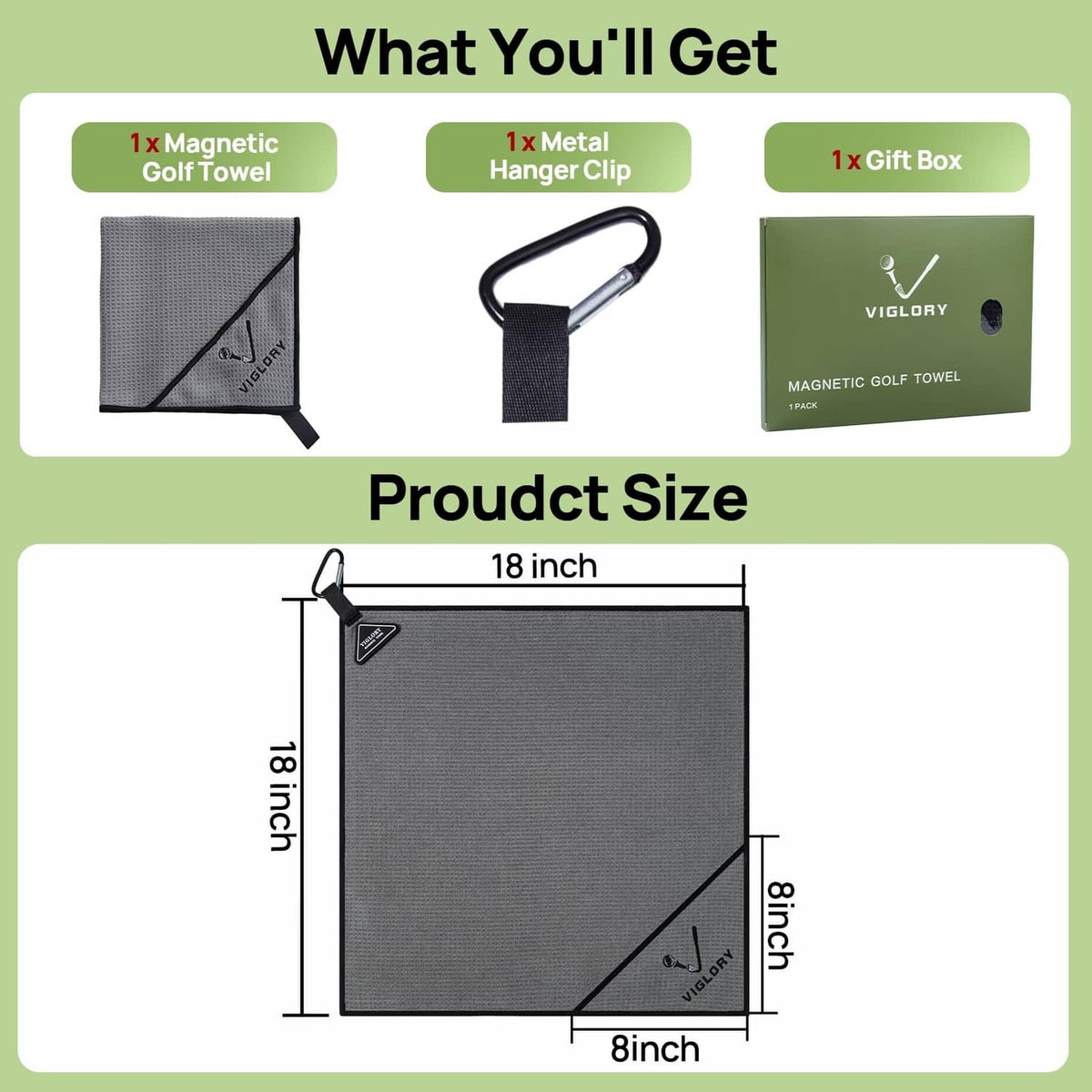 Grey magnetic golf towel set with metal clip and included gift box