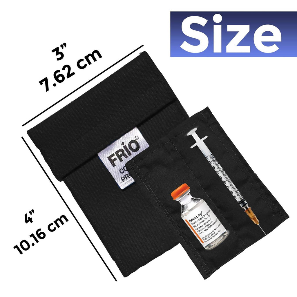 FRIO mini cooling wallet, black fabric pouch with syringe pocket, size shown