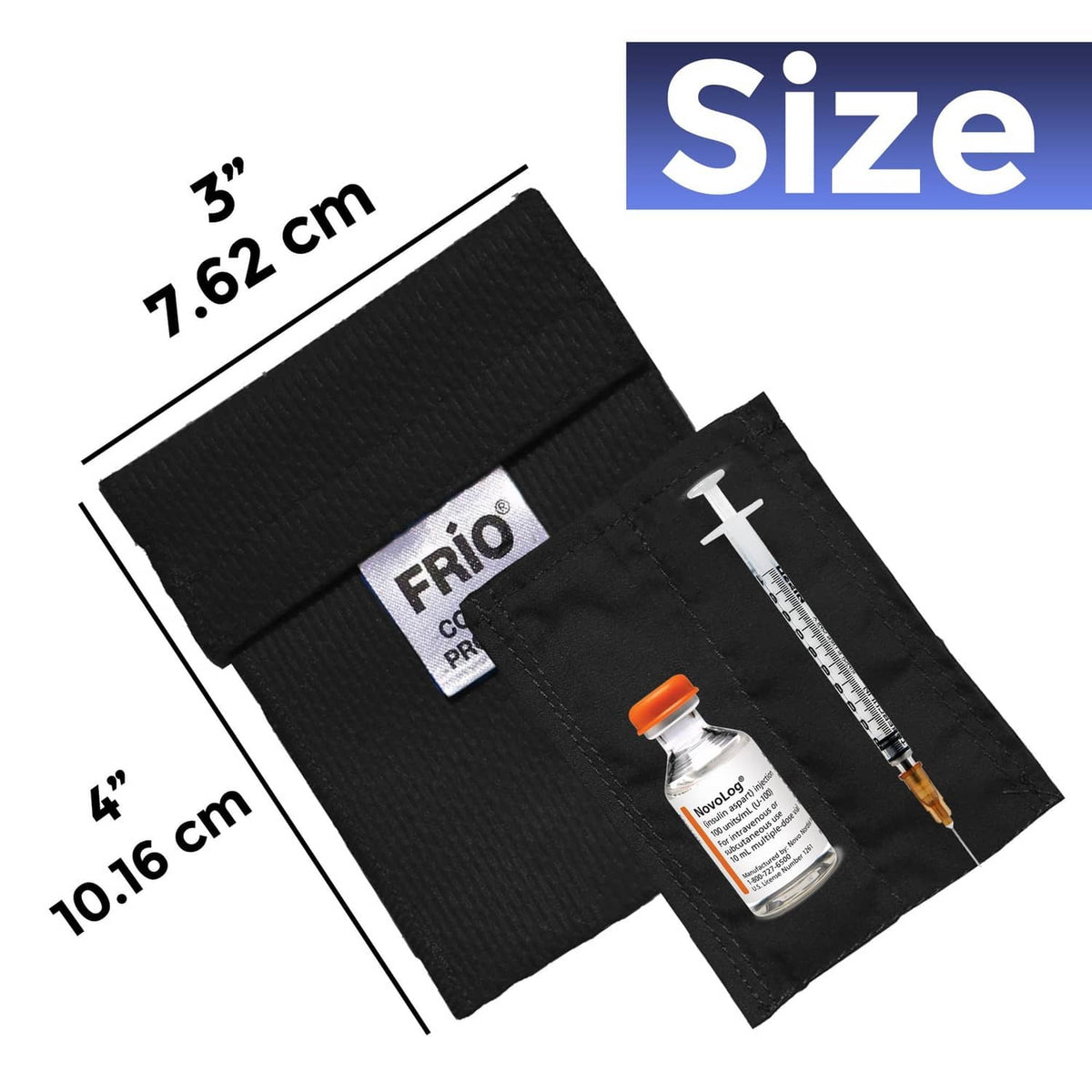 FRIO mini cooling wallet, black fabric pouch with syringe pocket, size shown