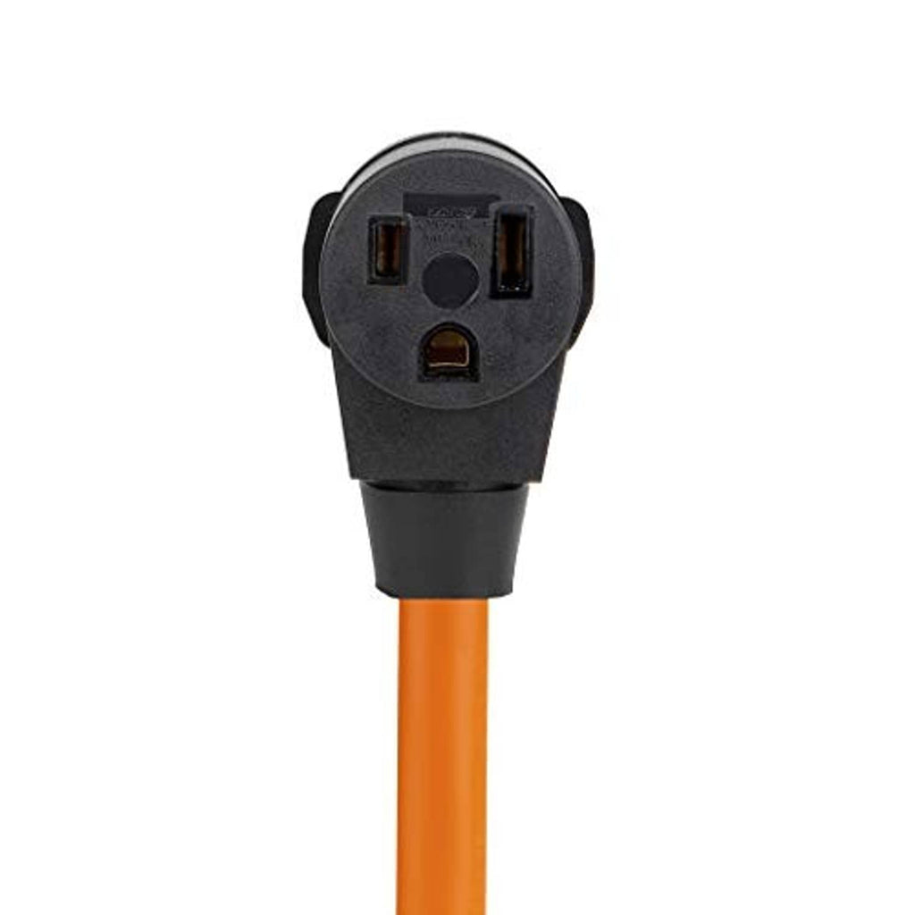 Black NEMA 6-50R female plug on orange power cord end