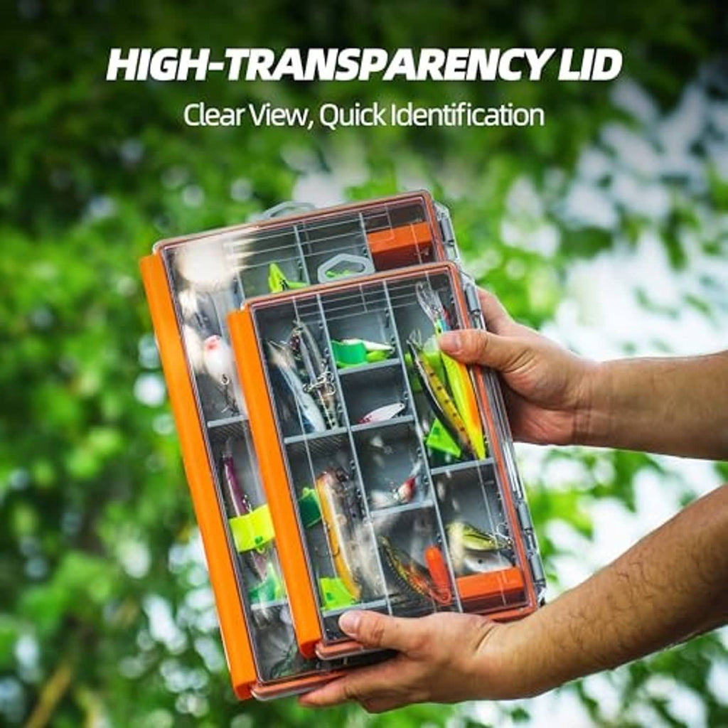 Orange fishing tackle box with clear high-visibility lid and gray divided tray, held in hands