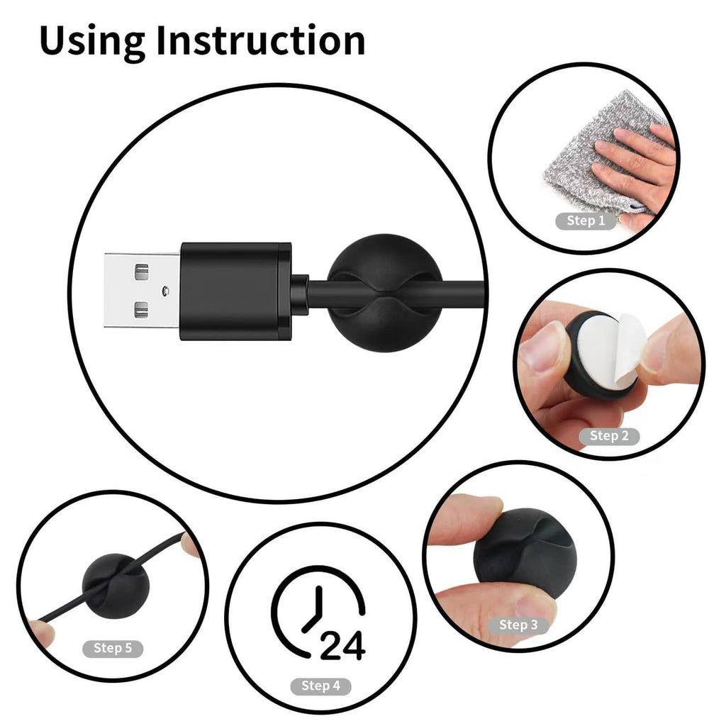 Black round adhesive cord holder installation steps, showing adhesive attachment and press