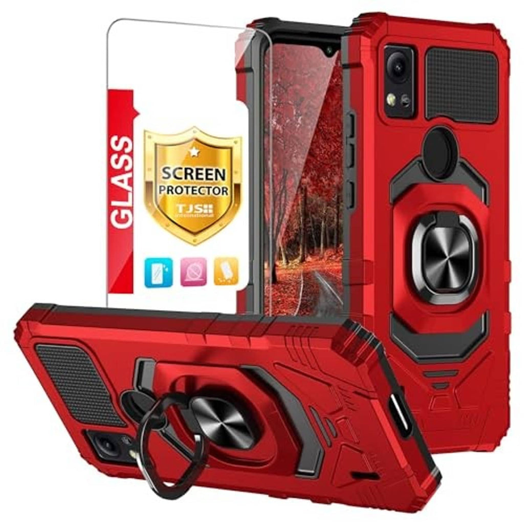 Red rugged phone case set with screen protector glass, camera cutouts, ring stand