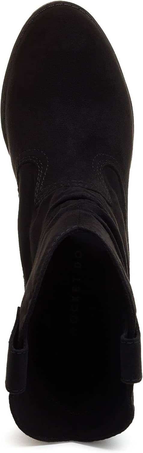 Black suede ankle boots with rounded toe and pull-on shaft opening