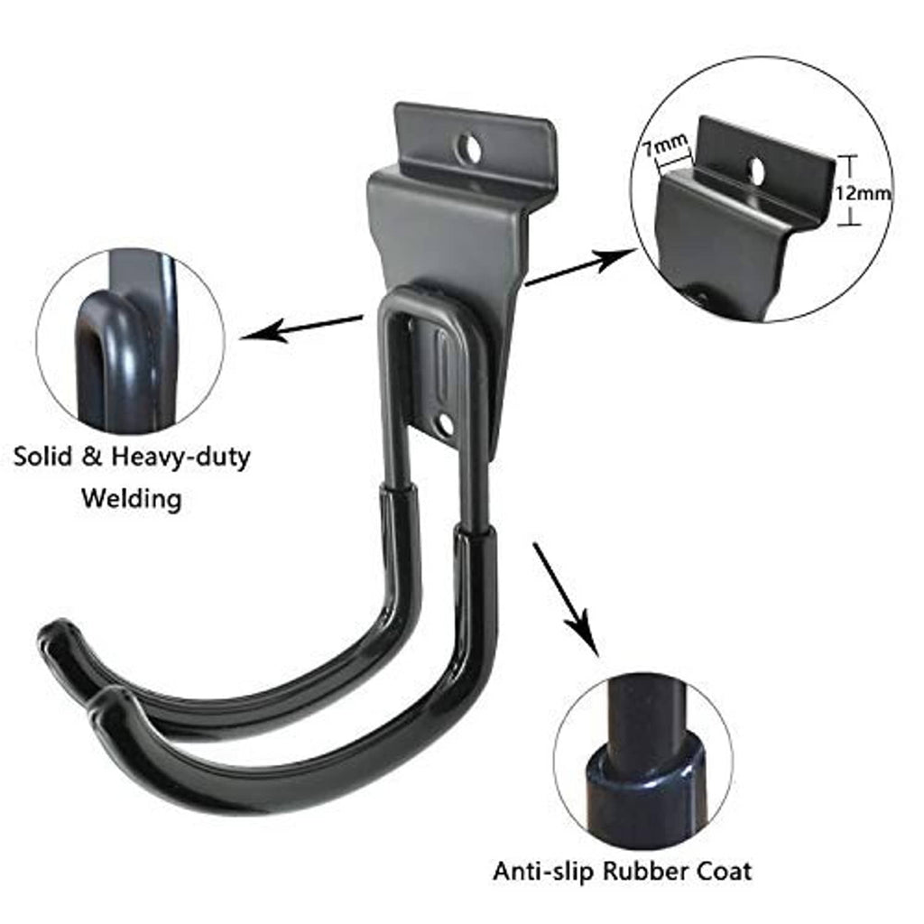 Heavy-duty black slatwall J-hook with welded steel and anti-slip rubber coating
