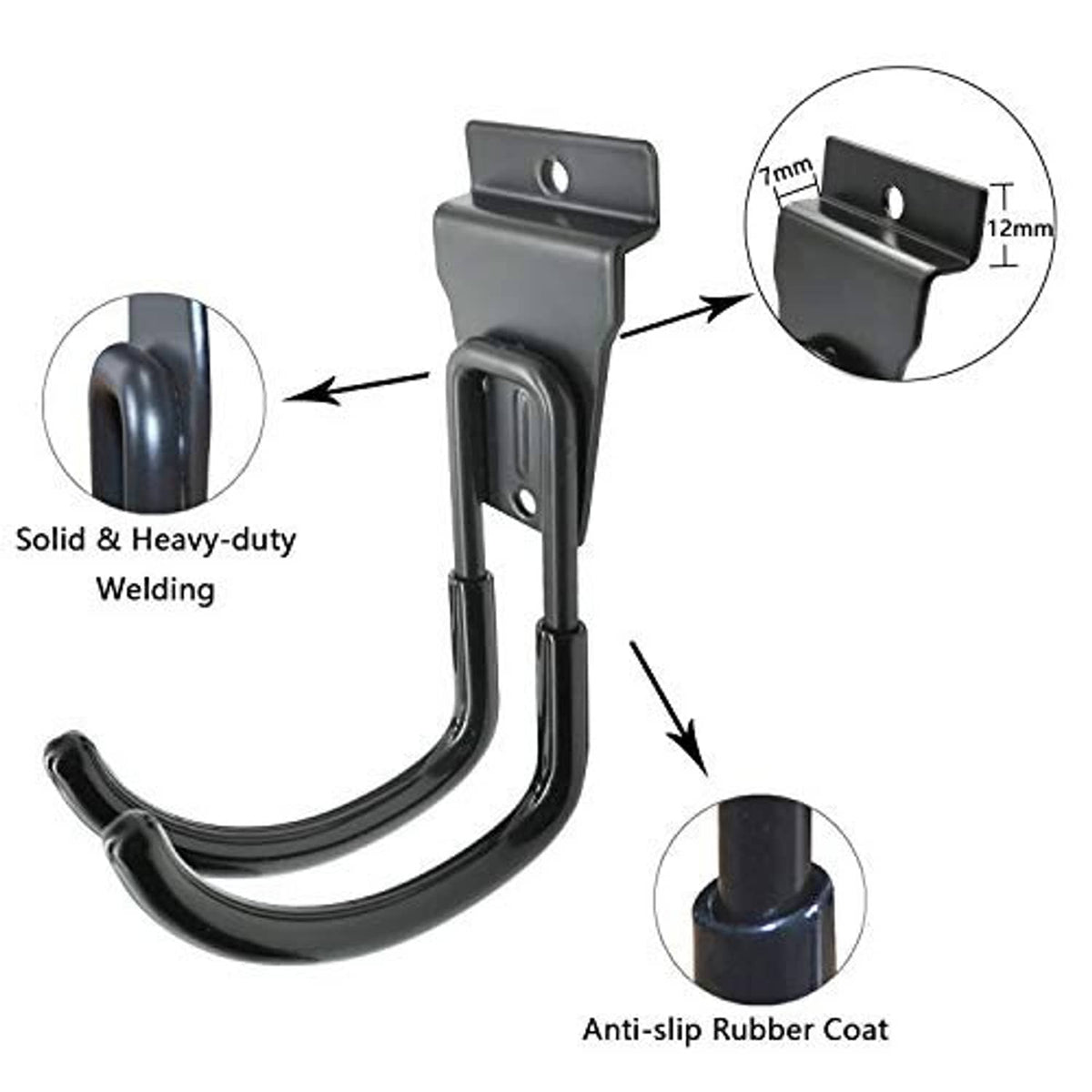 Heavy-duty black slatwall J-hook with welded steel and anti-slip rubber coating