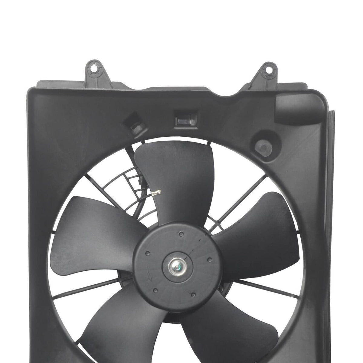 AC condenser cooling fan with black frame, shroud, and centered fan blade hub