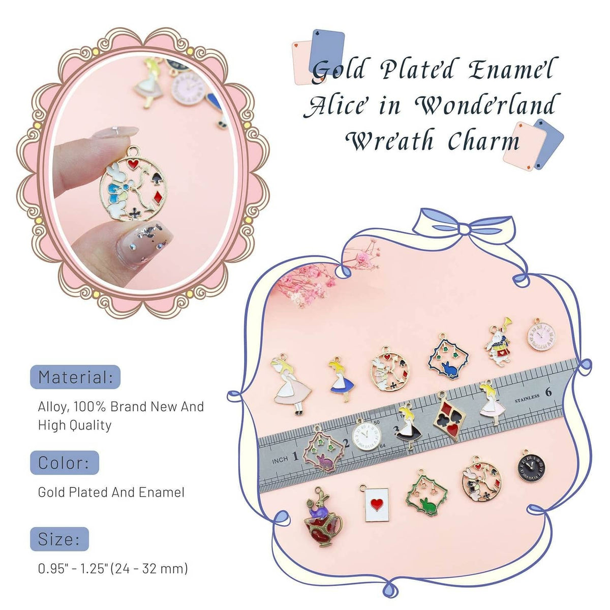 Gold-plated enamel Alice in Wonderland charm wreath set with multiple dangling pendants.