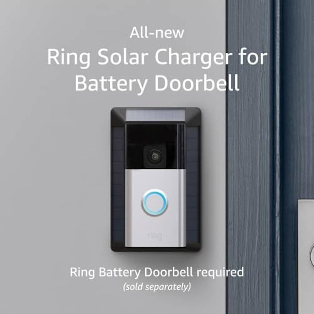 Solar charger panel for Ring battery doorbell, black front with blue circular LED