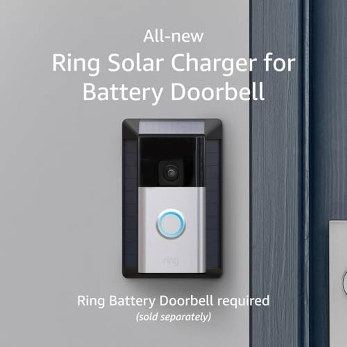 Solar charger panel for Ring battery doorbell, black front with blue circular LED