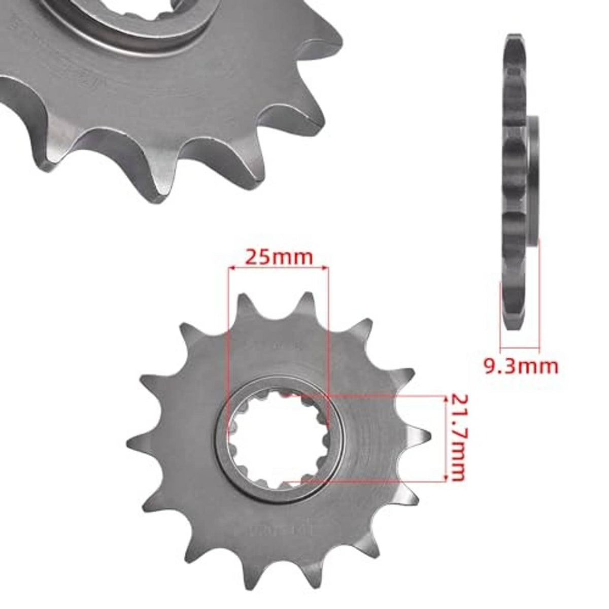 Metal motorcycle sprocket with side profile and center splined hub, showing gear teeth