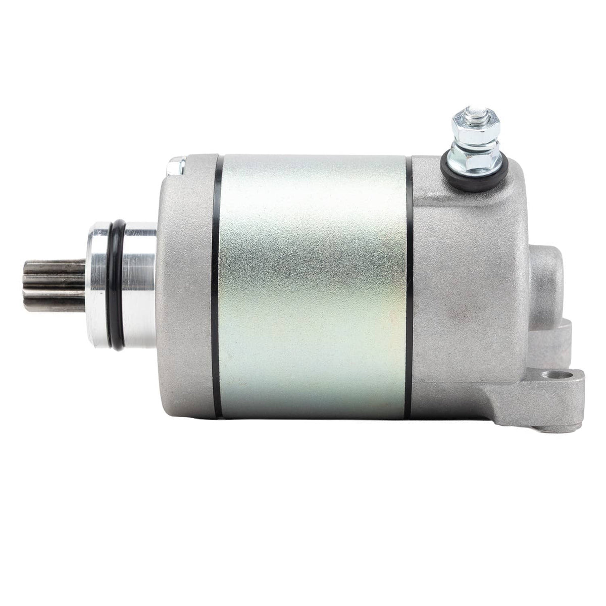 ATV starter motor assembly with silver cylindrical housing and mounting bolts