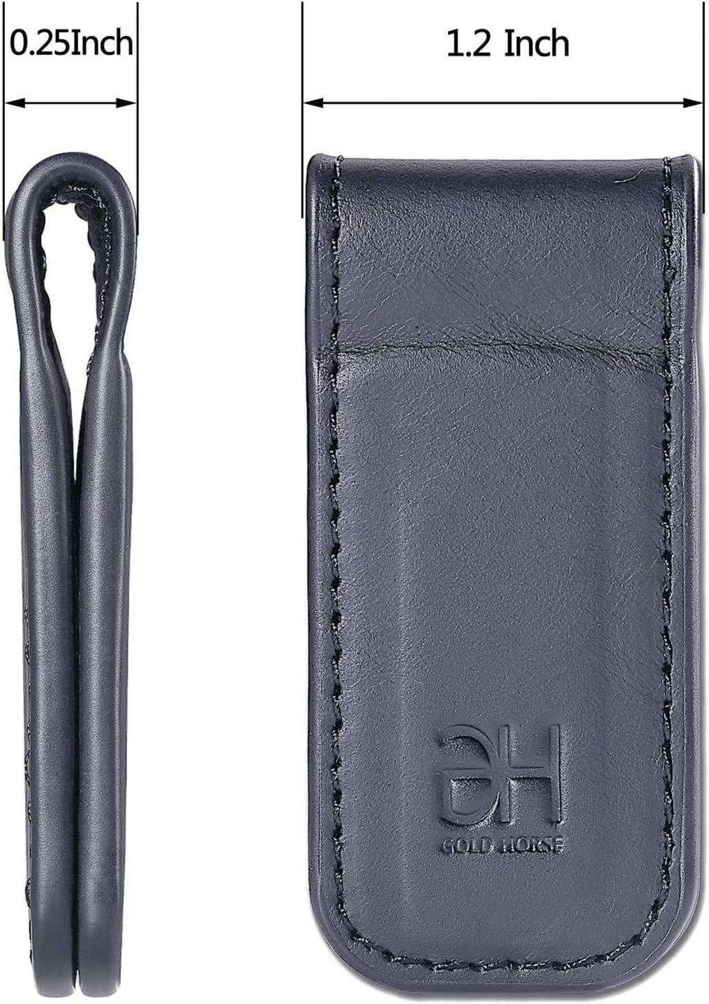 Grey leather magnetic money clip with EH logo, slim profile with side loop