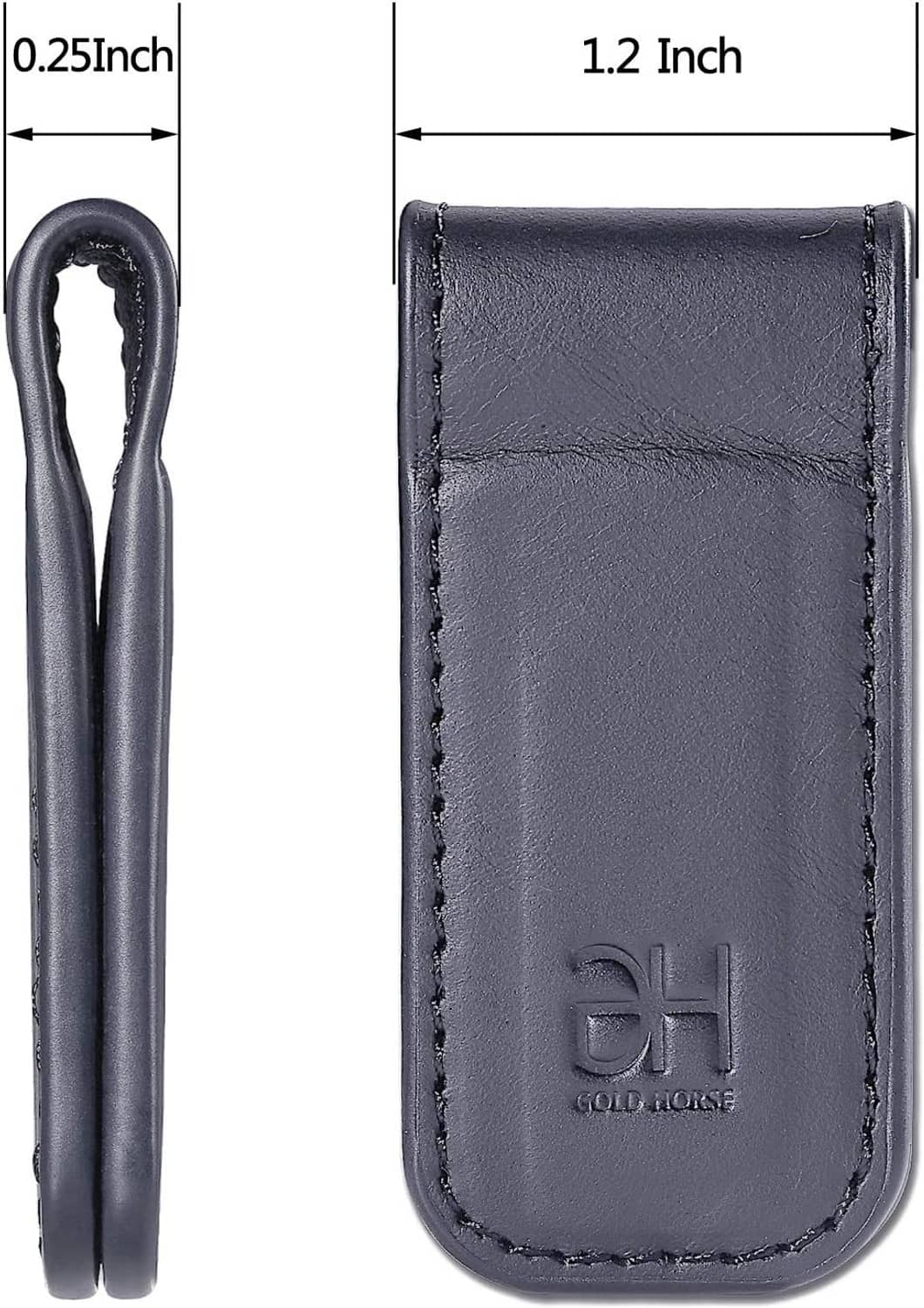 Grey leather magnetic money clip with EH logo, slim profile with side loop